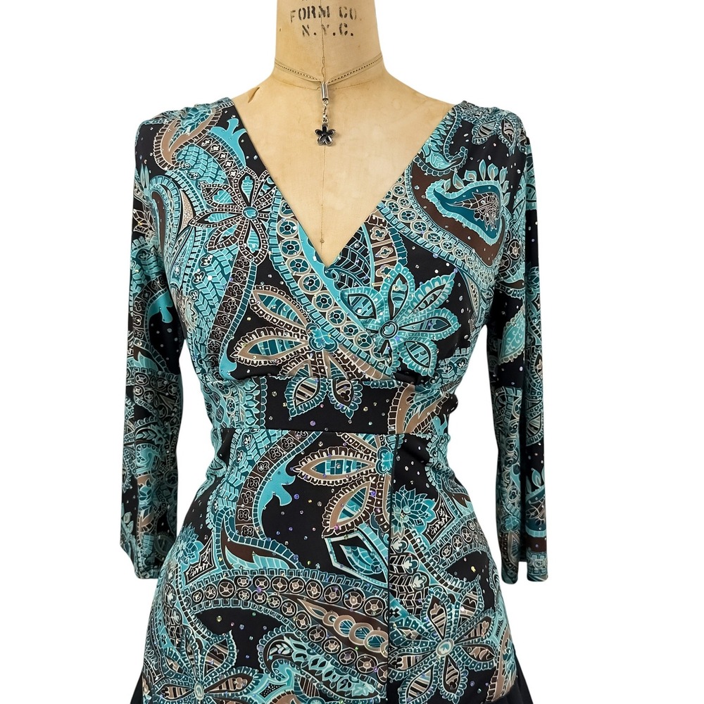 90s Retro Sequin Teal Paisley Wrap Top Asymmetrical Hem 80s Glamoratti Size M - Picture 4 of 8